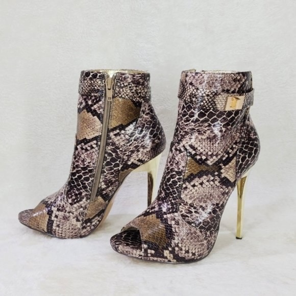 * Mona Mia Snakeskin Print Open Toe 4 3/4" Gold Trim Stiletto Heel Ankle Boots - Picture 3 of 7